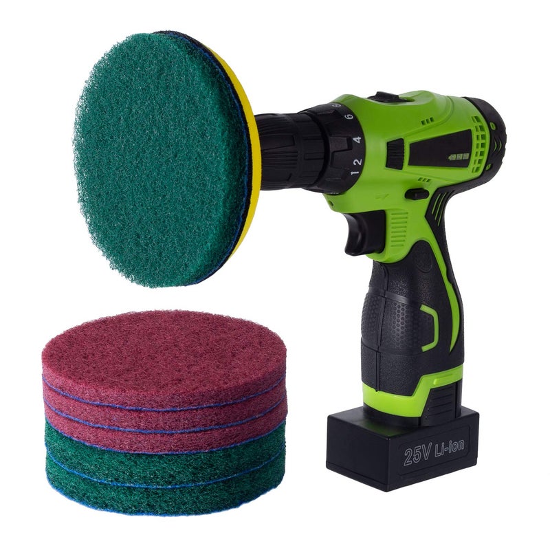 Kichwit 5 Inch Drill Powered Brush Tile Scrubber Scouring Pads, 2 Different Stiffness, 5-Inch Pad Holder with 6 Scrubbing Pads, Cleans Large Flat Areas Perfectly (Drill NOT Included) - Image 2